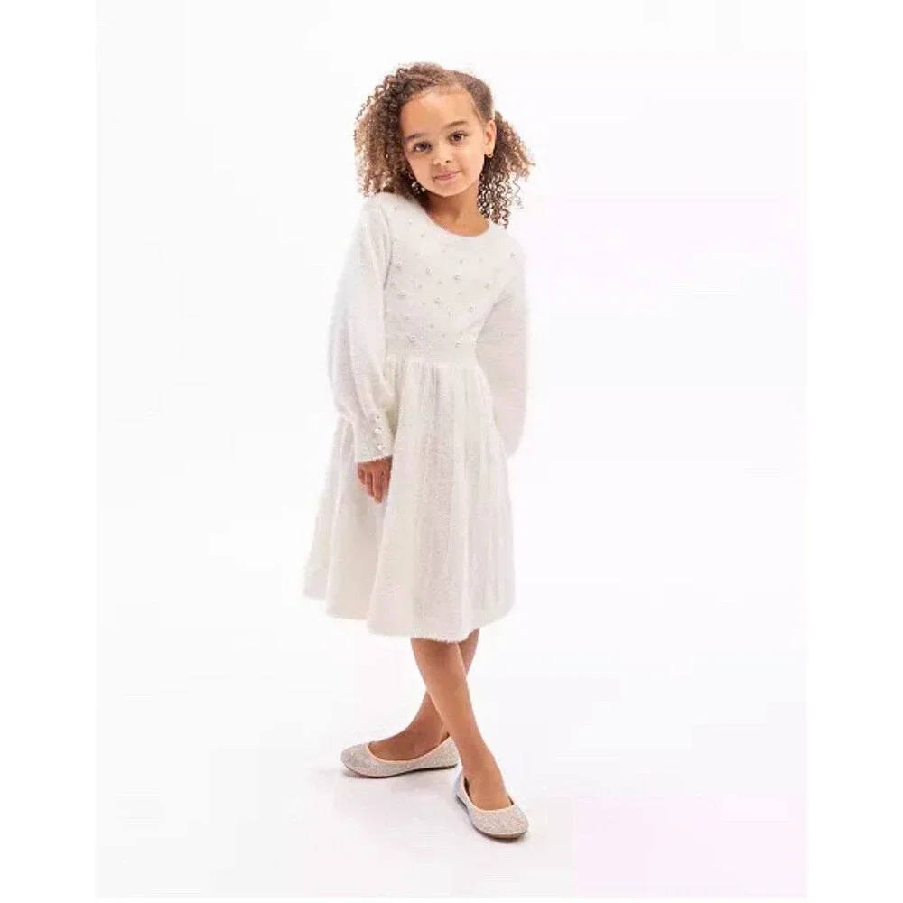 NWT Rare Editions Girls 2T White Pearl Embellished Eyelash Knit Sweater Dress